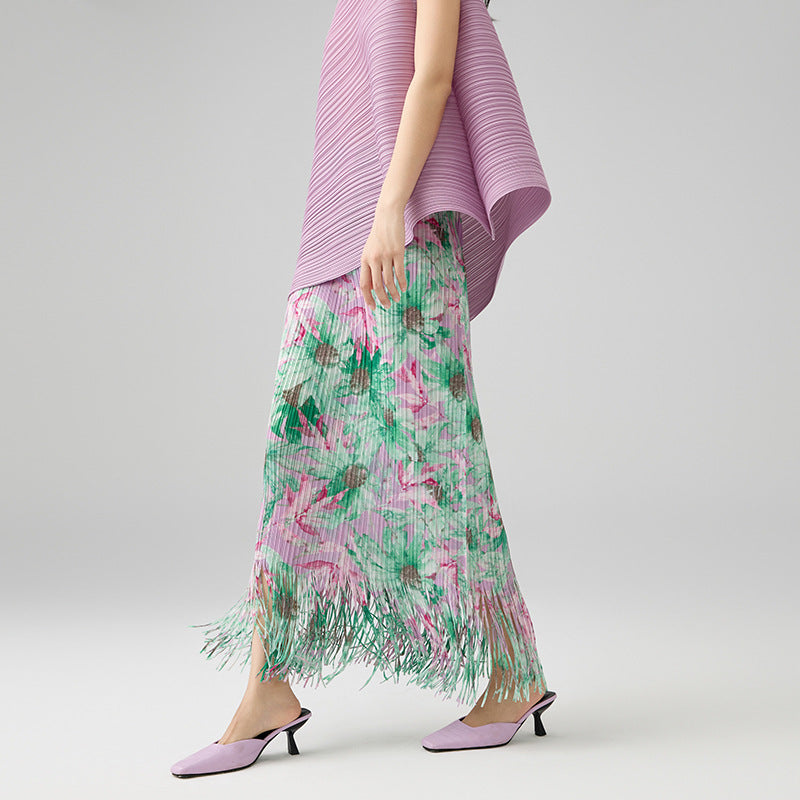 Summer Fashion Temperament Printed Pleated Skirt Mid Length Straight Wrapped Tassel Spliced A-line Skirts