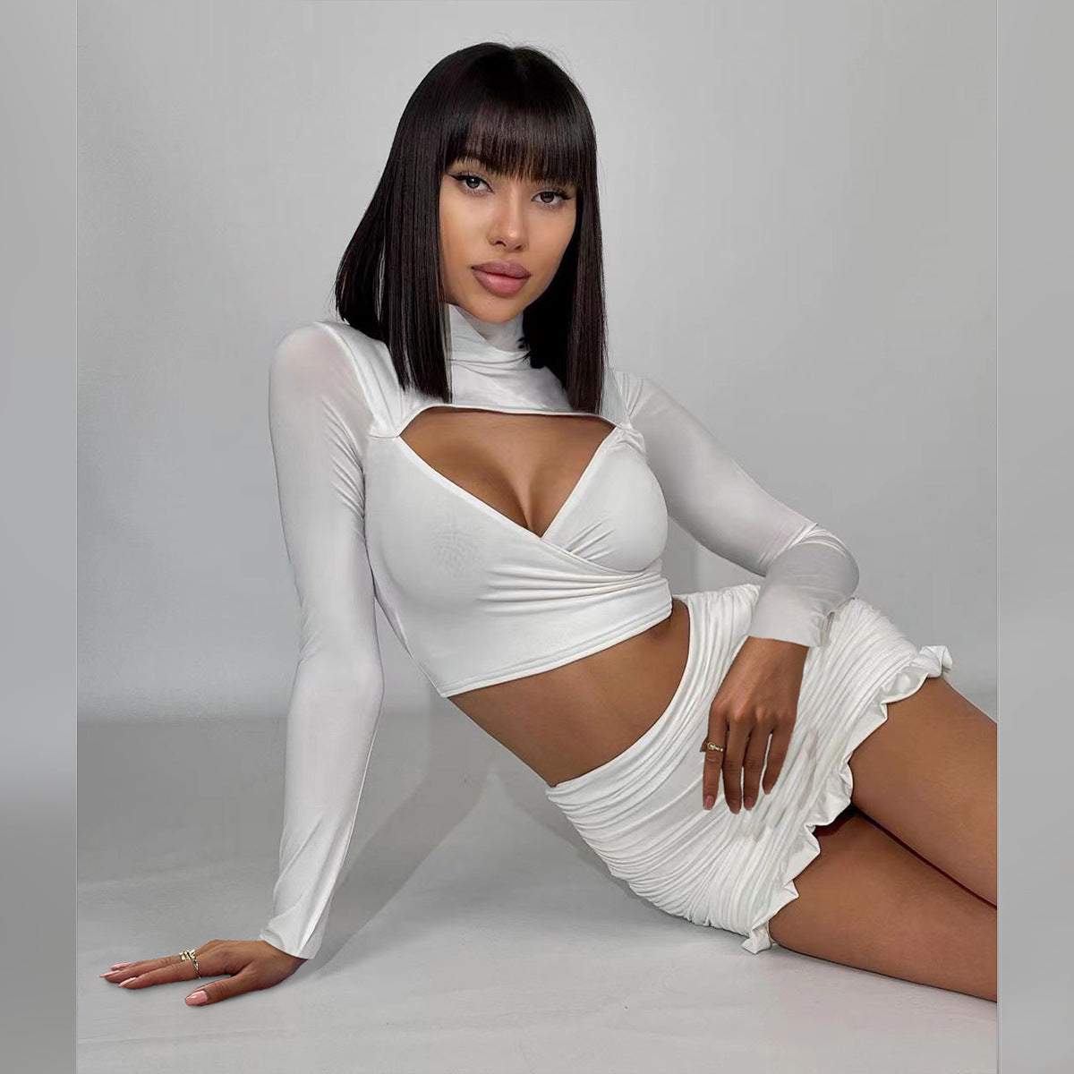 Solid Slim Short Crop Top Women Hollow Out Accessories Long Sleeve Aesthetic Clothes Streetwear Roupas Femininas Estilosas