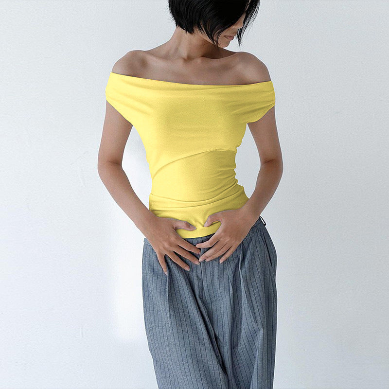 Elegant Yellow Short Tops Fashionable One-line Collar Short-sleeved Lace Up Backless Strappy Off-shoulder Slim Fit T-shirt
