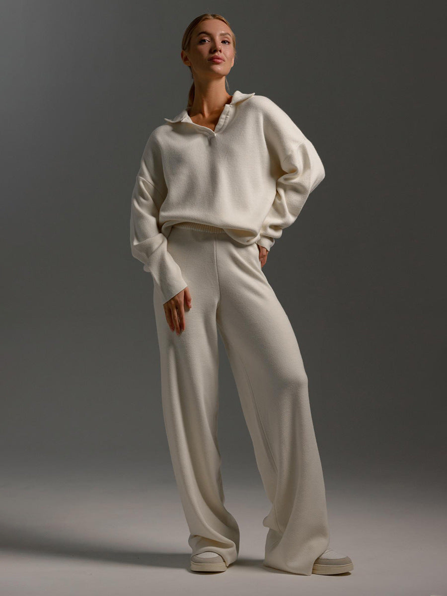 Thick Women Knitted Suits Soft 2 Pieces Sets Female Polo Neck Sweater