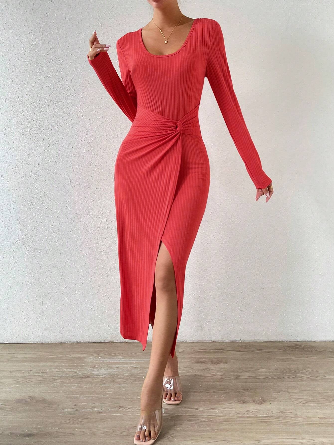 New Women's Popular Style Commuter Sexy Slit Hip-hugging Solid Color Dress