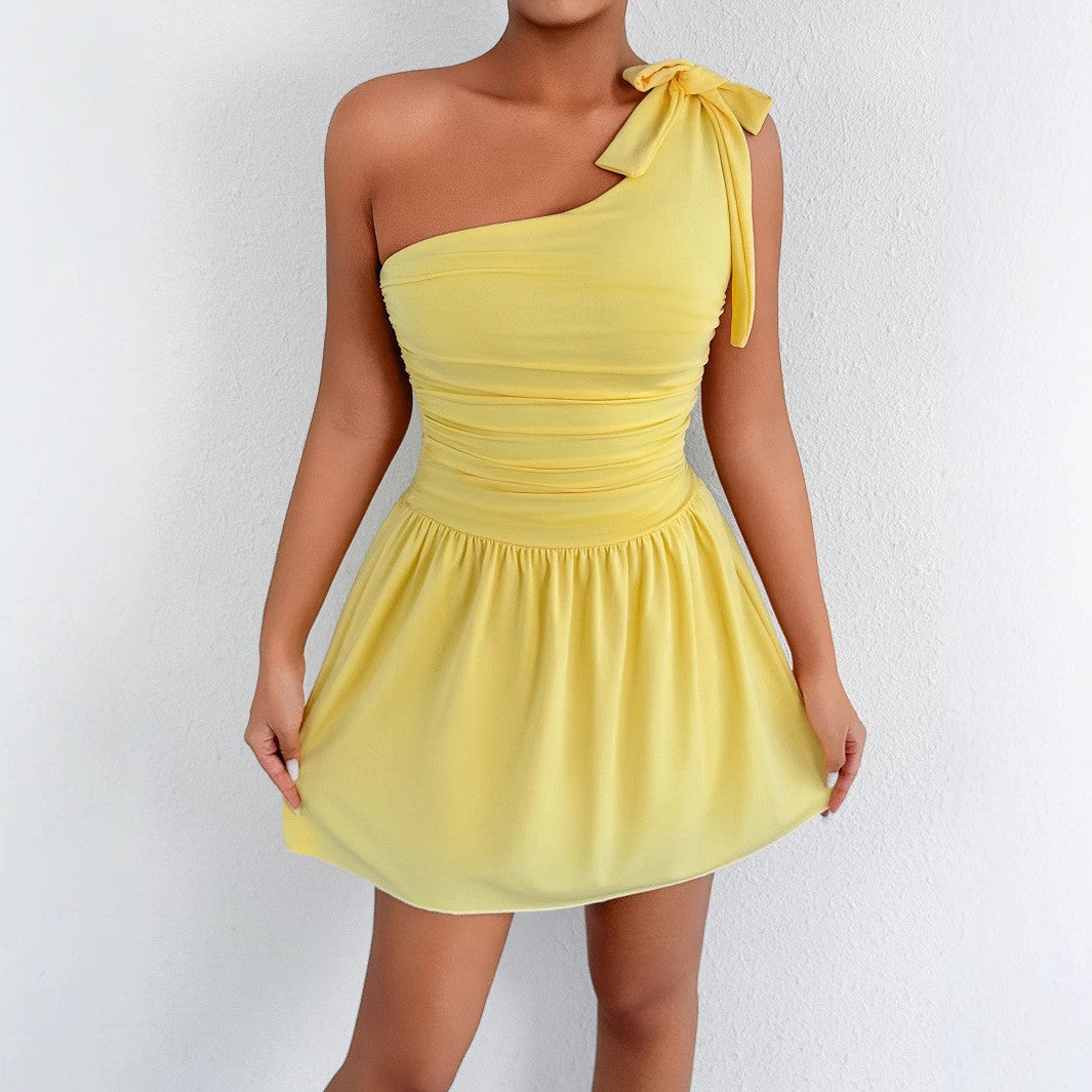Chic Women's One-Shoulder Bow Pleated Bodycon Summer Sleeveless A-Line Dress Yellow Short Skirt Sweet and Spicy Short Dress