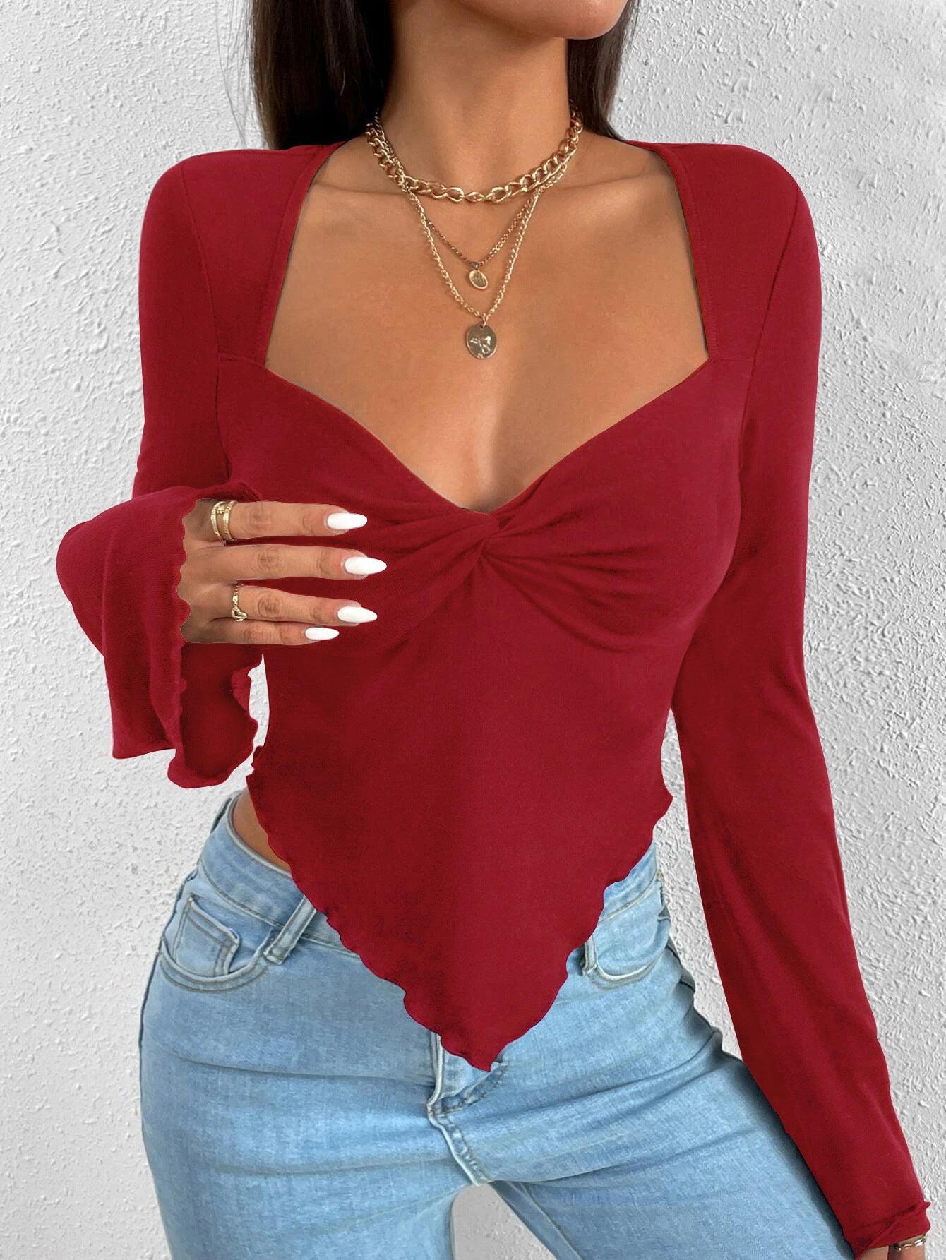 Charming Slim-Fitting Top with Micro Bell Sleeves for Ladies