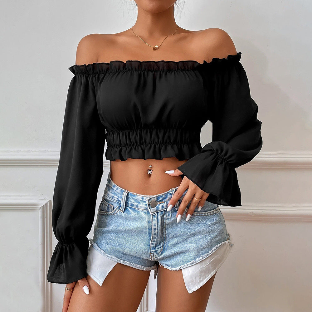 Women's Sexy Casual Home Waisted Wooden Leaf Edge One-length Long Sleeves
