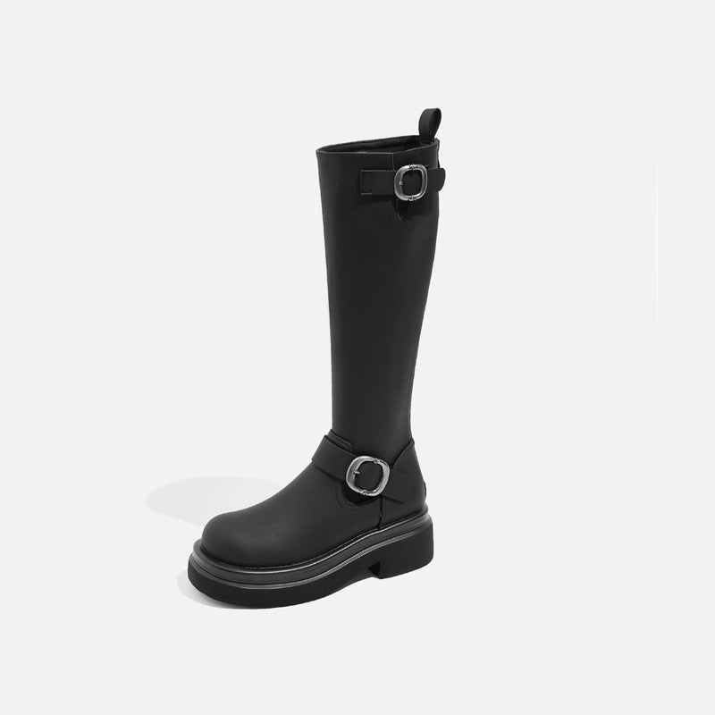Winter Platform Slip On Women Knee High Boots Fashion Thick Heels Knight Long Booties Belt Buckle Ladies Shoes