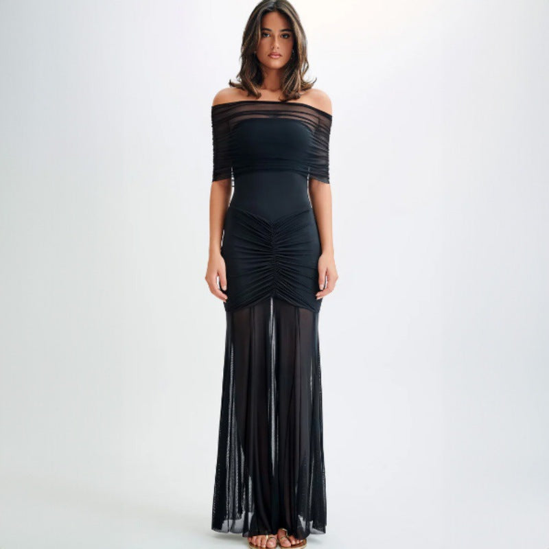 Strapless Mesh Splice Backless Dress For Women Sleeveless Bodycon Ruched Dress Solid Fashion High Waist Removable Clothes