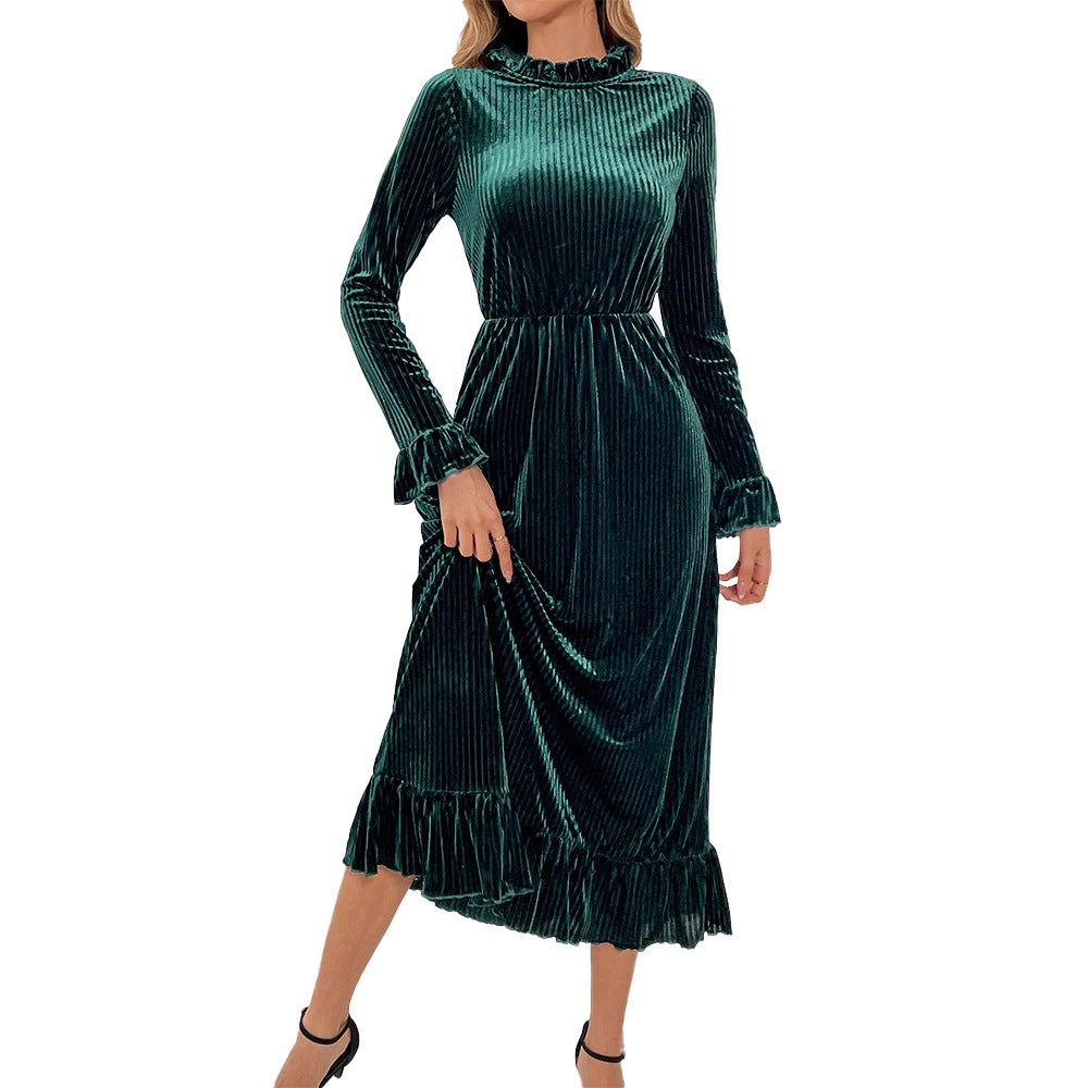 Women's Spring New Half-Polo/Turtle Neck High-Waisted Slimming Dress Bundled Sleeve Long Gown European and American Style