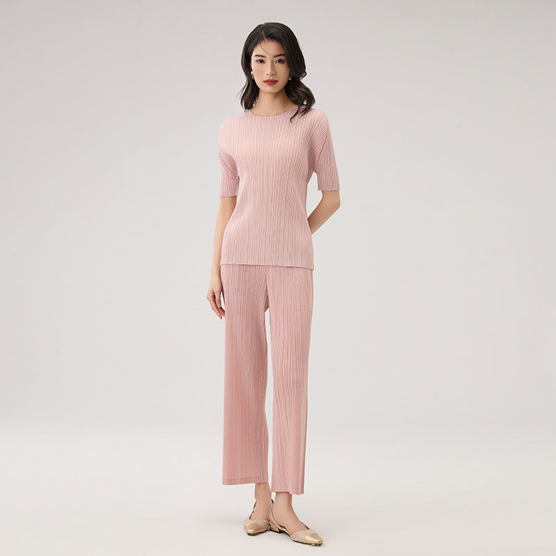 Woemn's Clthes Bat Half Sleeve O-neck Pullover Tops And Elastic High Waist Folded Design A-line Skirts