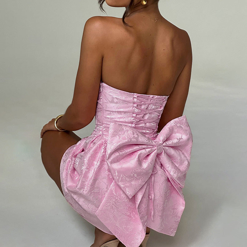New Fashion Style Elegance Sexy Jacquard Bra Bow Tie Mini Dress For Women