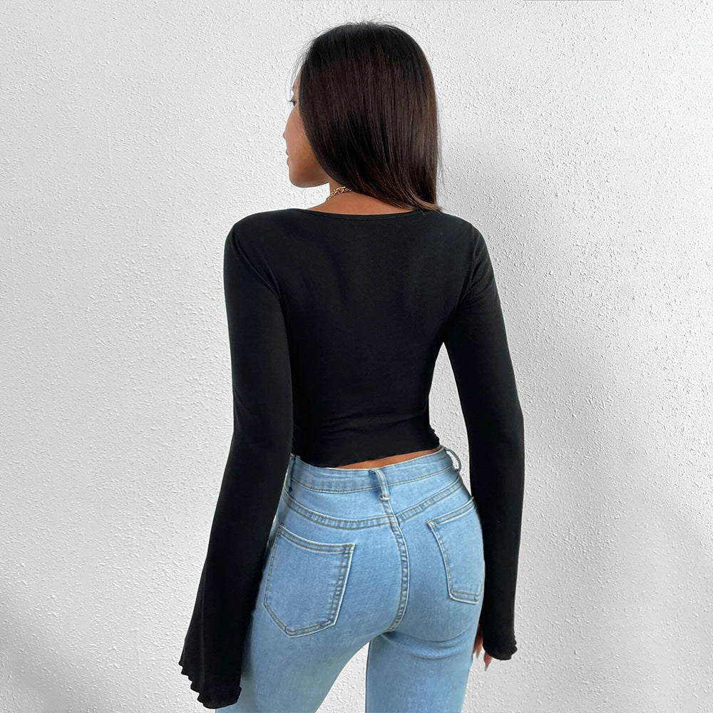 Charming Slim-Fitting Top with Micro Bell Sleeves for Ladies