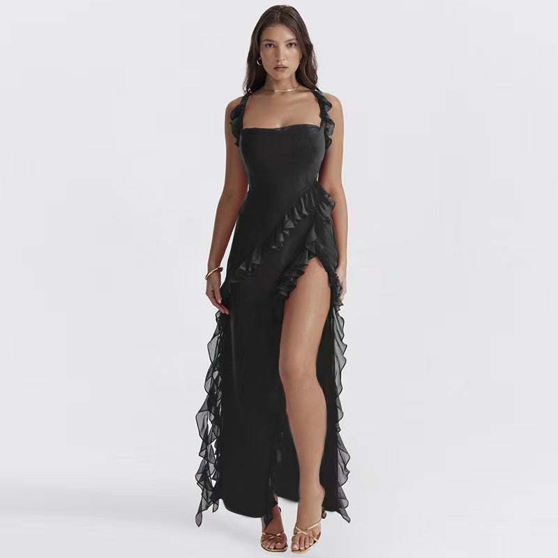Elegant Club Evening Party Dresses Slash Neck Split Red Black Red Long Vestidos Giyu Sexy Ruffles Summer Dress for Women