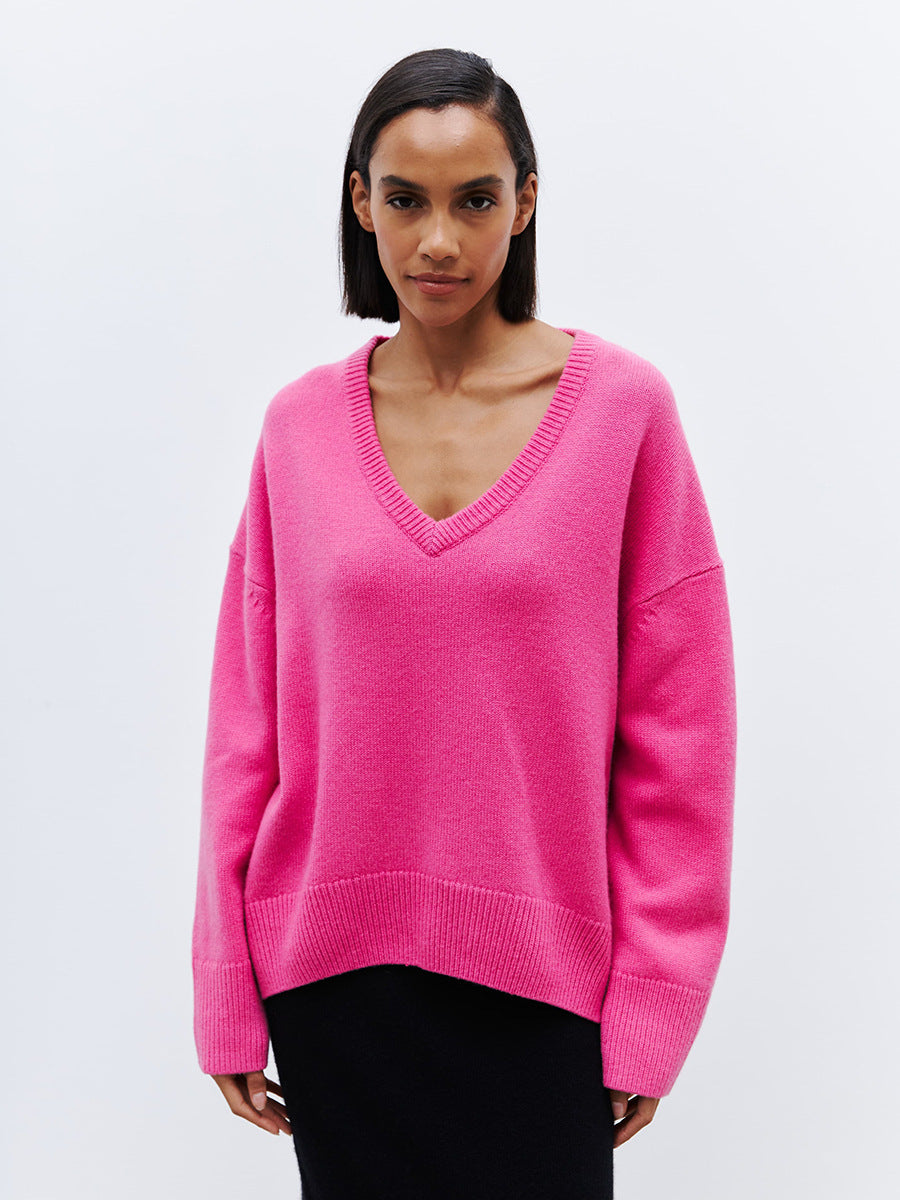 Oversized V-neck Sweater Women's Warm Casual Knitted Pullover Sweat