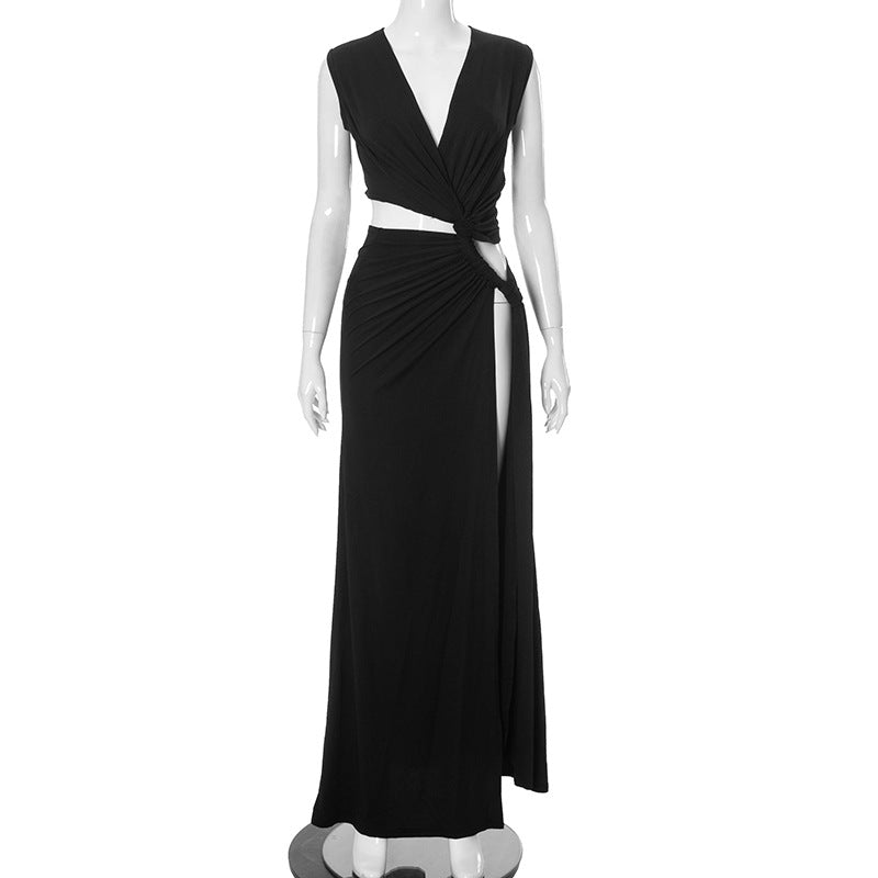 Sexy Hollow Out Twist Knot High Slit Maxi Dress Chic Ladies Deep V Sleeveless Solid Long Dresses Fashion Female Vacatio