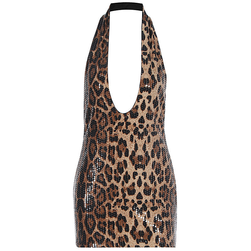 Women Halter Sequined Leopard Print Mini Dress 2025 Backless Sweet Sexy Birthday Evening Night Party Vestidos Dresses