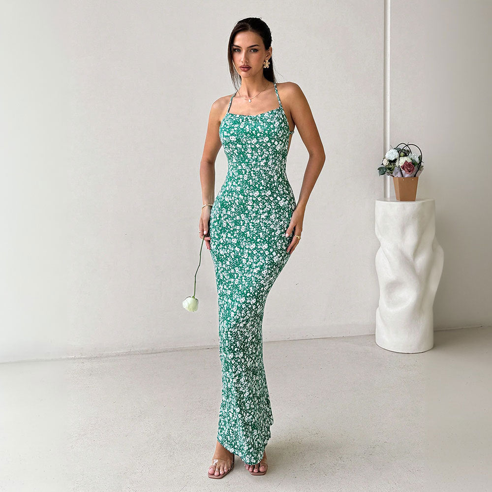 New Womens Sleeveless Halter Dress Backless Print Floral Streetwear Holiday Beach Style Wrap Hip Ladies Long Dress Vestidos