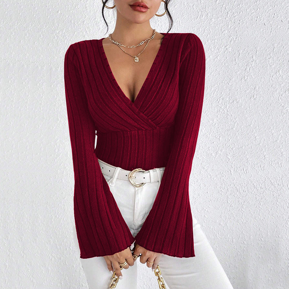 Women's Fall and Winter Long-sleeved Tops, V-neck Sexy Slim Striped Women's Tops, Long-sleeved T-shirt Knitted Bottoming Shirt