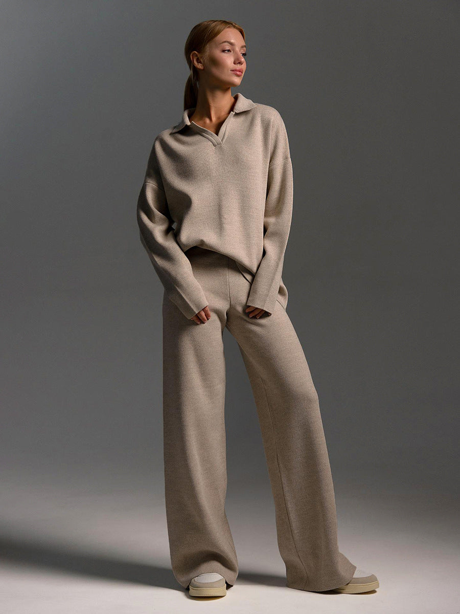 Thick Women Knitted Suits Soft 2 Pieces Sets Female Polo Neck Sweater