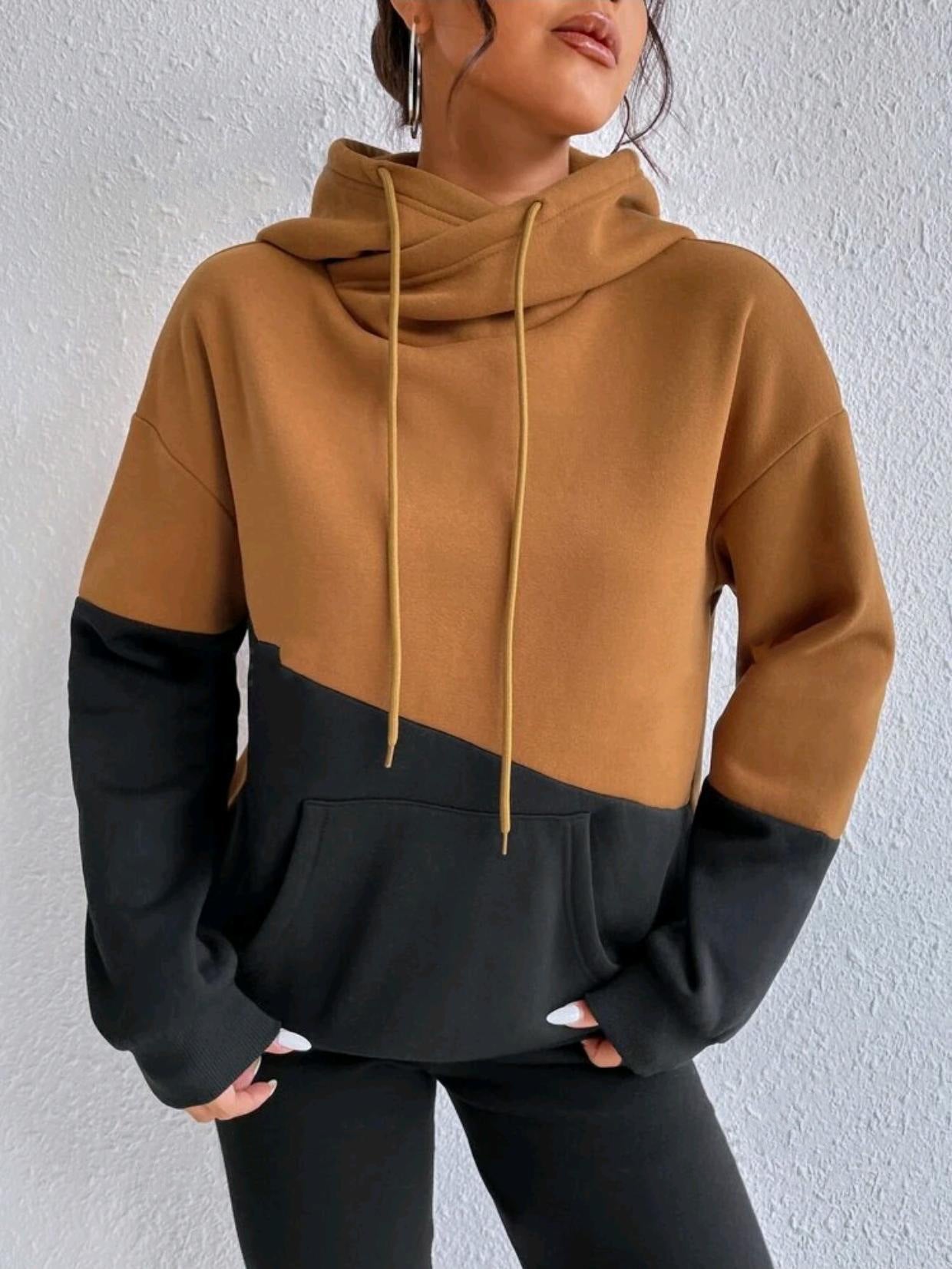Lady Fall Winter Hoodie Color Block Stitching Pocket Drawstring Casual Street Loose Long Sleeve Hooded Sweatshirt Women's Top