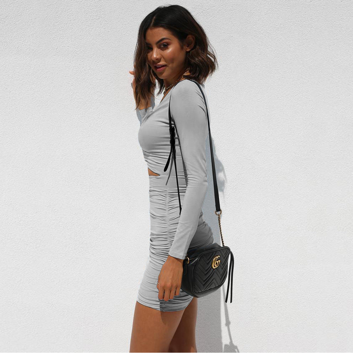 Women's Dress Deep V Neck Long-sleeved pleated dress Hollowed Party Mini Skirts Sexy Elegant Summer New
