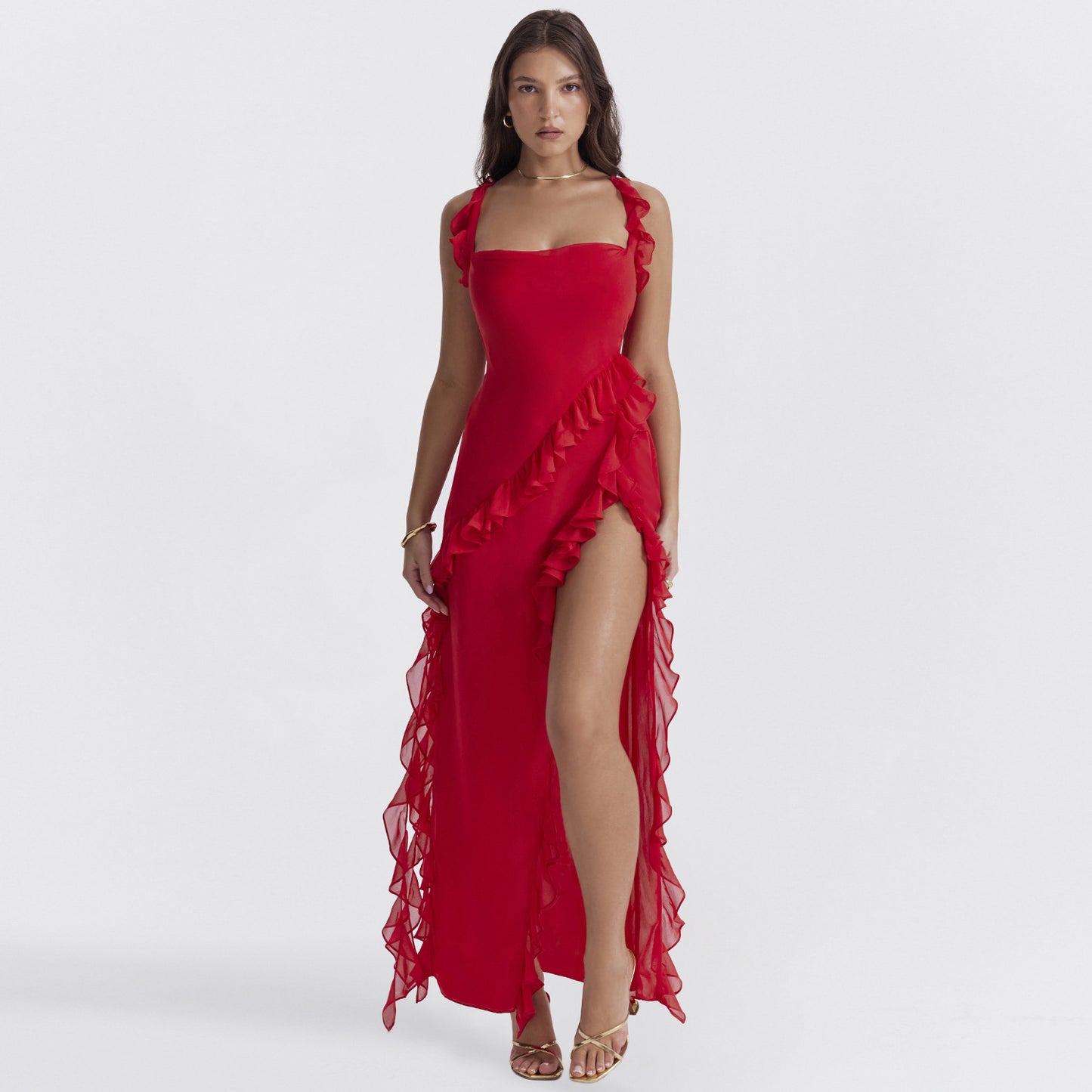 Elegant Club Evening Party Dresses Slash Neck Split Red Black Red Long Vestidos Giyu Sexy Ruffles Summer Dress for Women