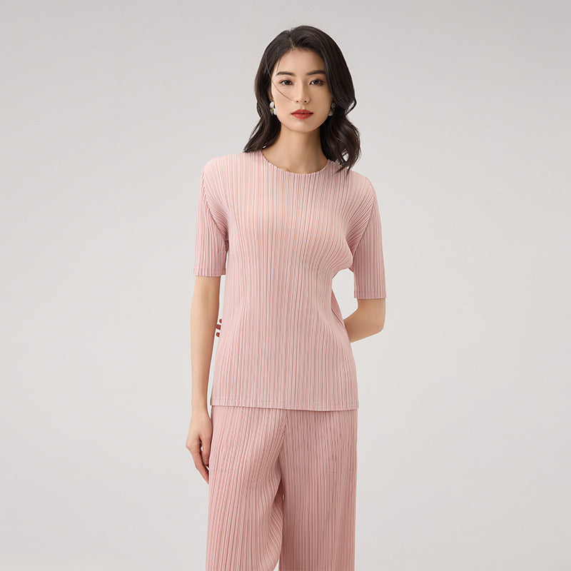 Woemn's Clthes Bat Half Sleeve O-neck Pullover Tops And Elastic High Waist Folded Design A-line Skirts