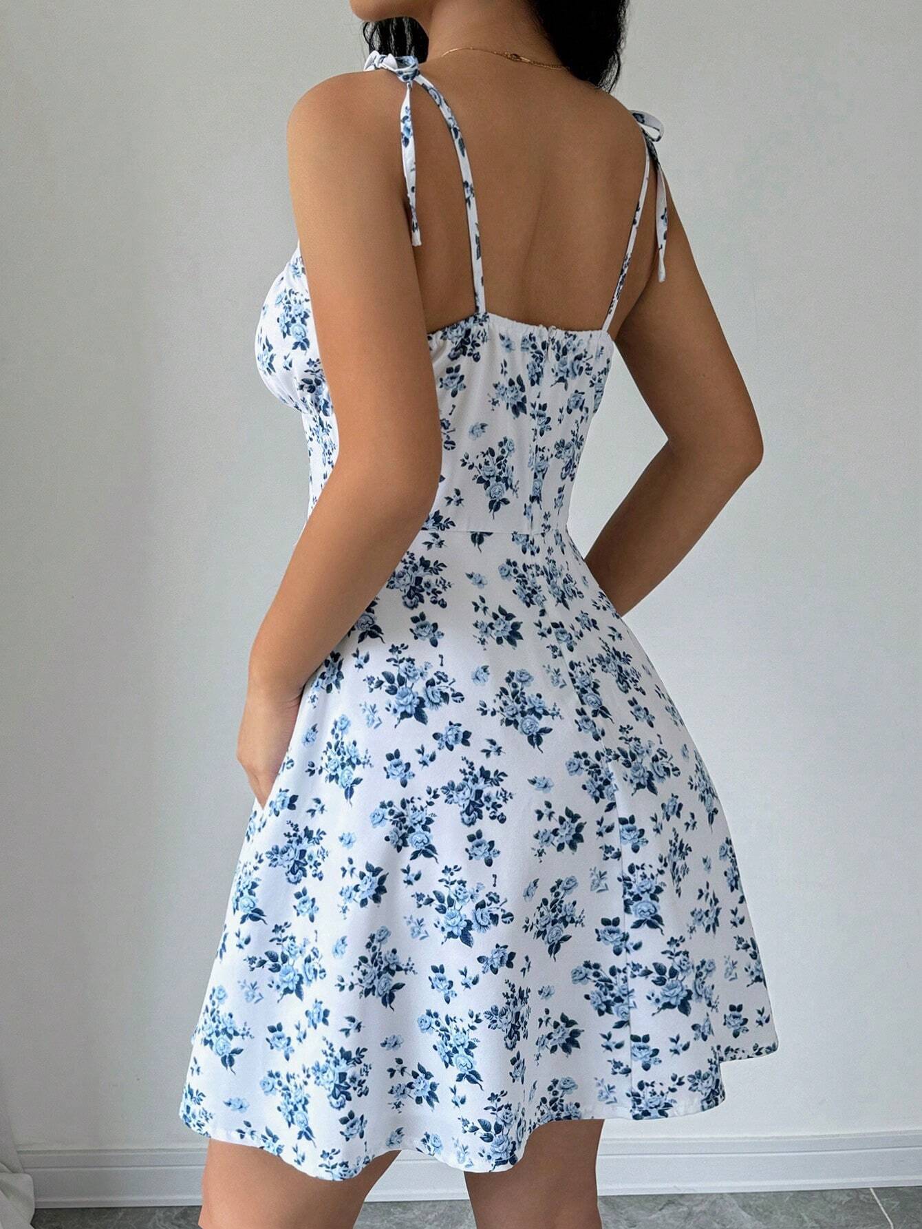 2025 Floral Spaghetti Strap Mini Dress Women Sexy Square Neck Lace Up Print Short Dress New Summer Temperament Beach Dresses