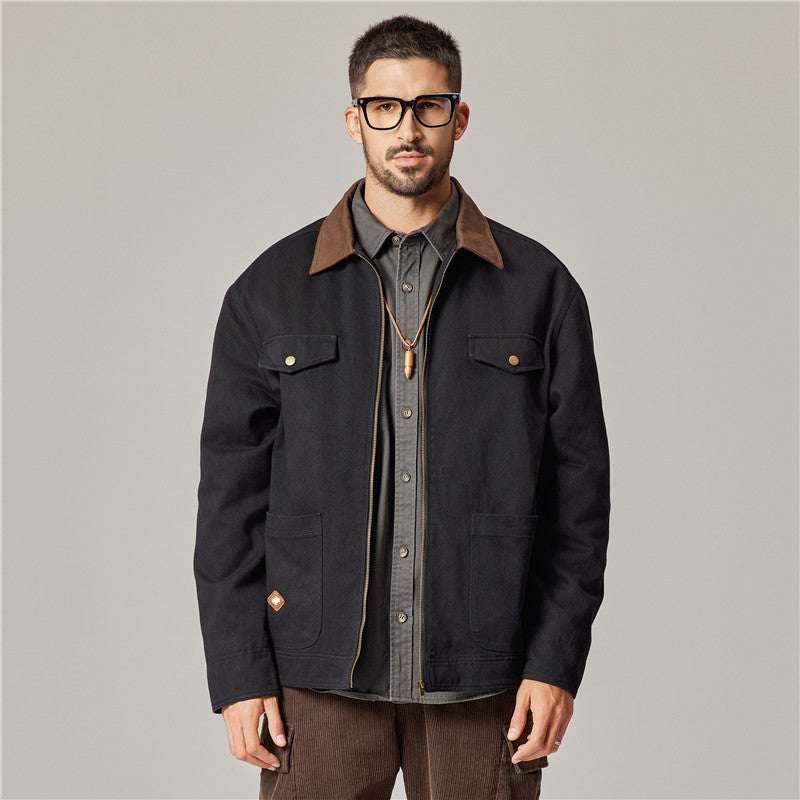 Twill Cotton Work Jacket For Men American Style Vintage Modern Casual Loose Fit Bib Trousers Spring Autumn Season Wear