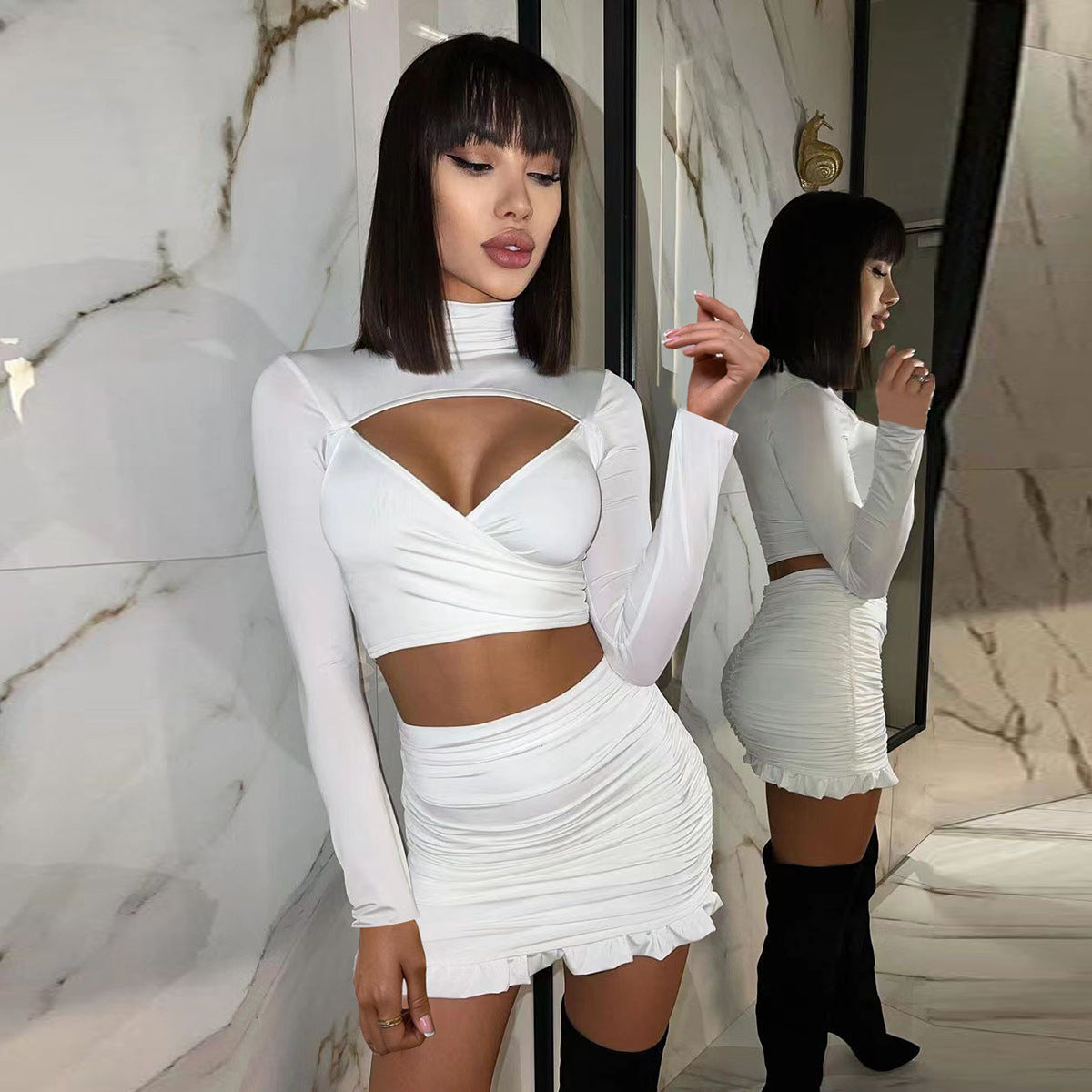 Solid Slim Short Crop Top Women Hollow Out Accessories Long Sleeve Aesthetic Clothes Streetwear Roupas Femininas Estilosas