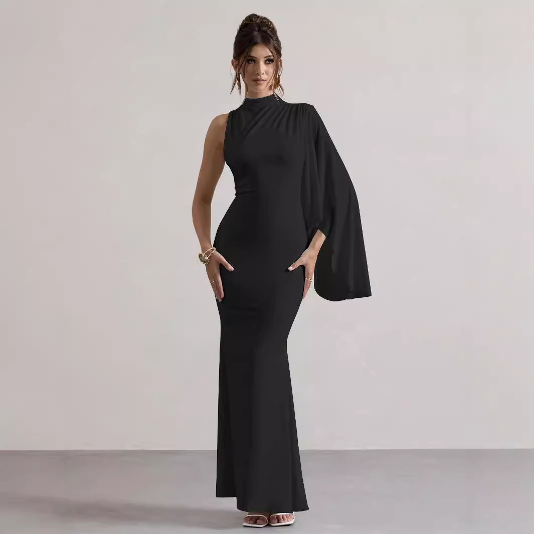 Women's Fashion Long Sleeve Slim Fit Round Neck Bodycon Skirt Single Shoulder Patchwork Dress Sexy Smooths Your Silh