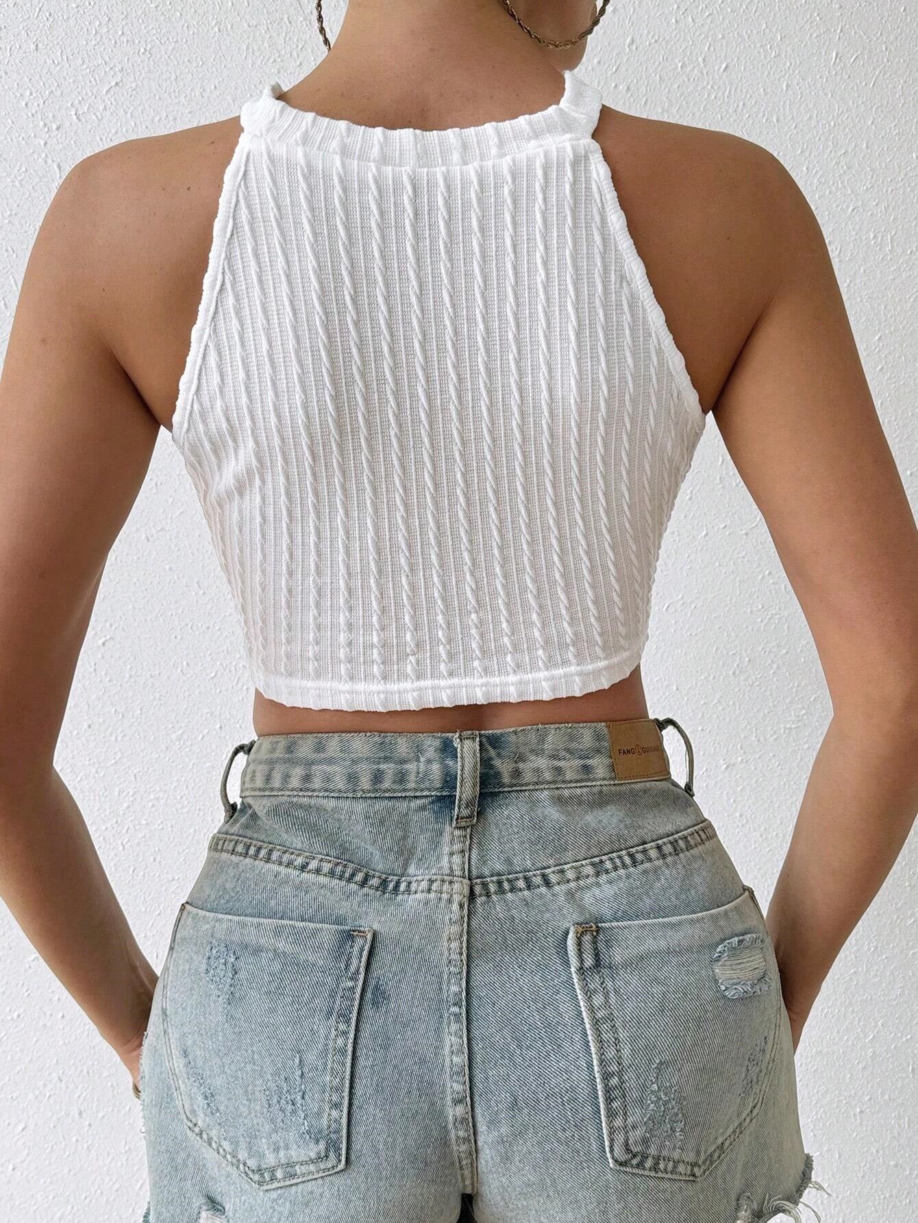 Womwen Summer Tie Backless Crop Halter Knit Top Crossfit Crop Top Clothes Femme Sexy Casual Drawstring Cropped Beach Tank