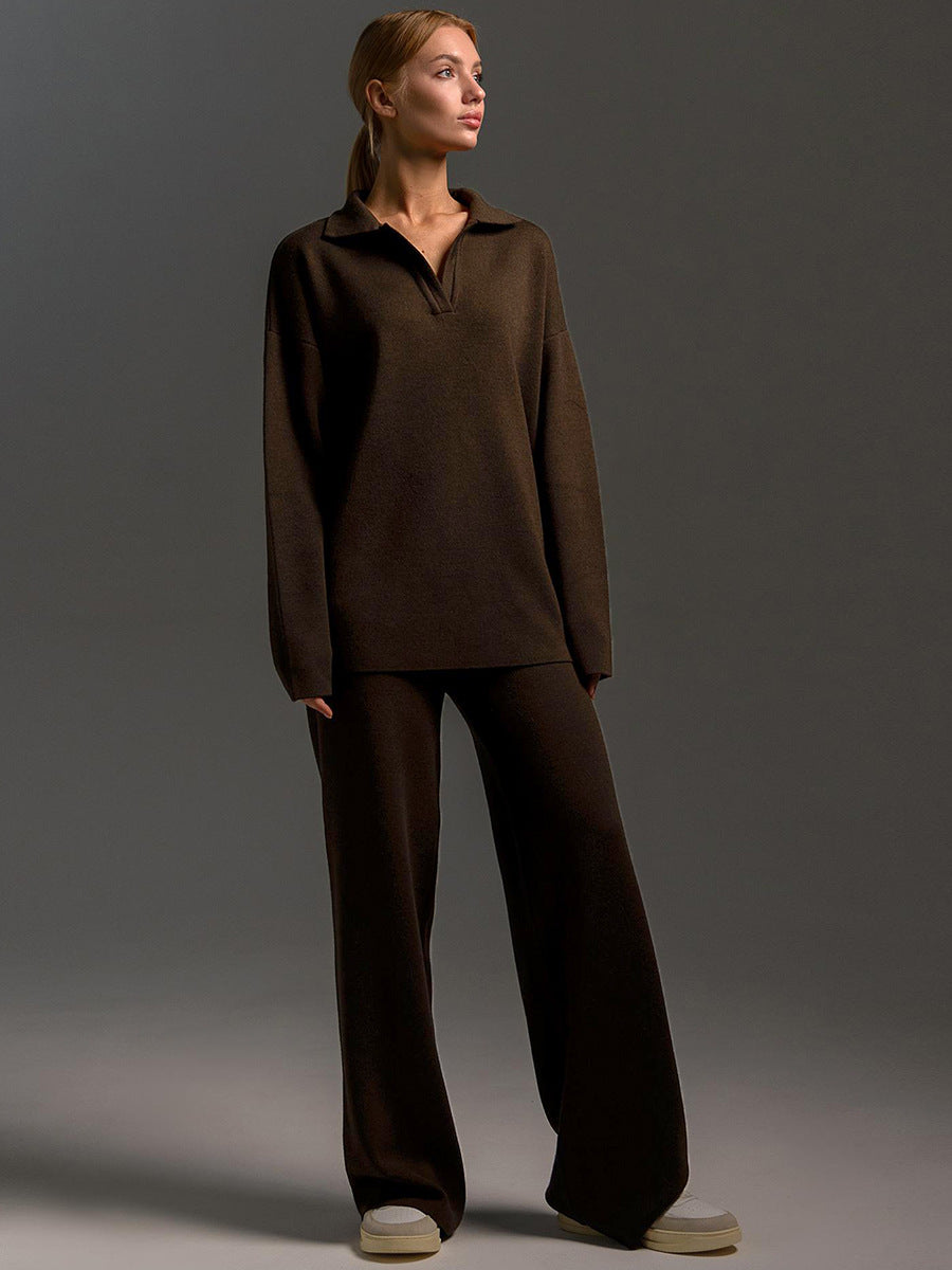 Thick Women Knitted Suits Soft 2 Pieces Sets Female Polo Neck Sweater