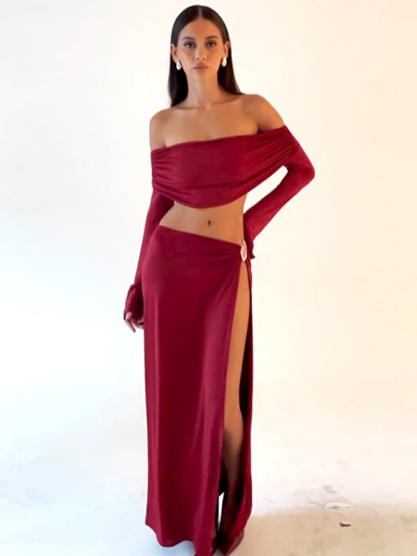 Sexy 2 Piece Skirt Set Women Off Shoulder Long Sleeve Crop Top And Maxi Skirt Night Club Festival Outfits Suits
