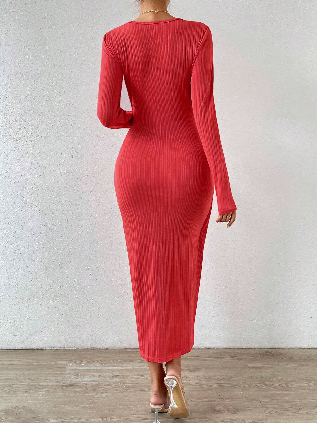New Women's Popular Style Commuter Sexy Slit Hip-hugging Solid Color Dress
