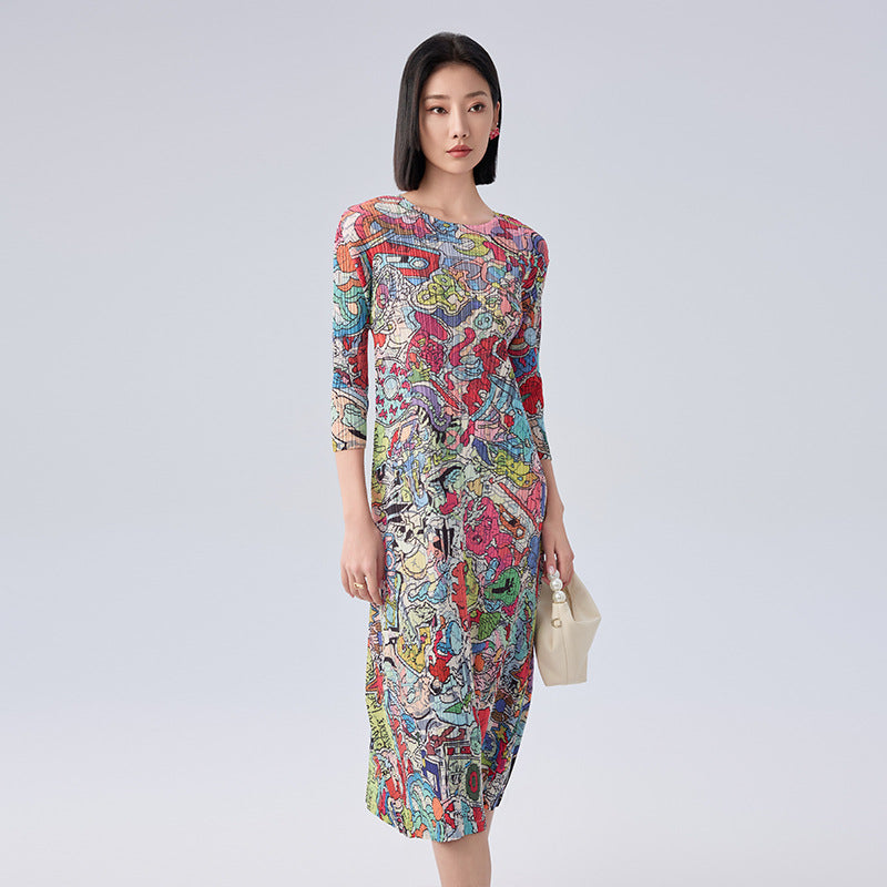 Print Pleated Skirt/Holiday Party Temperament Loose Bat S Sleeve Dress