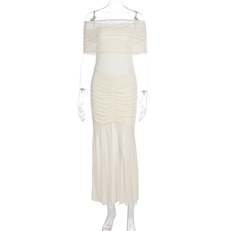Strapless Mesh Splice Backless Dress For Women Sleeveless Bodycon Ruched Dress Solid Fashion High Waist Removable Clothes
