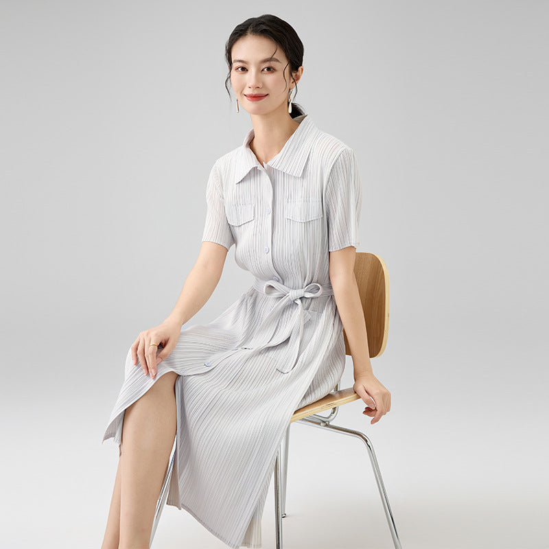 Summer New Folded Laple Short Sleeve Bandage Single Breasted Mid-calf Dresses