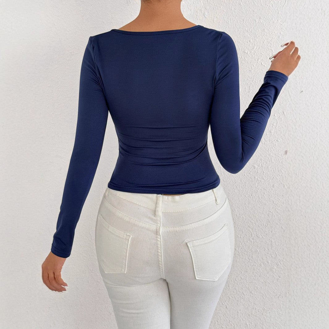 Women's Long Sleeved U-neck T-Shirt Top Solid Color Street Spicy Girl Casual Autumn Tight Fitting Women's T-Shirt