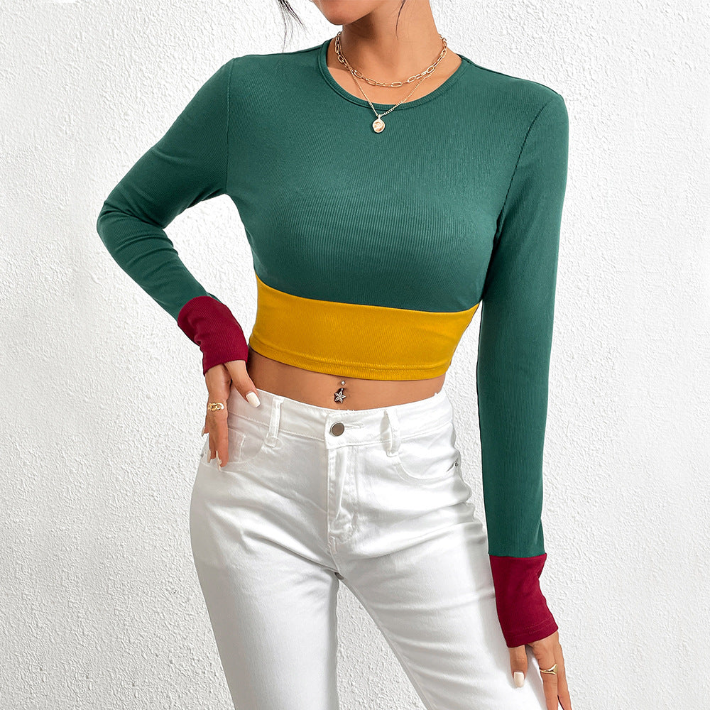 Autumn Winter T-Shirt Belly Button Baring Long Sleeve round Neck Base Layer Shirt Short Sleeve Top Women's Fashion Casual Wear