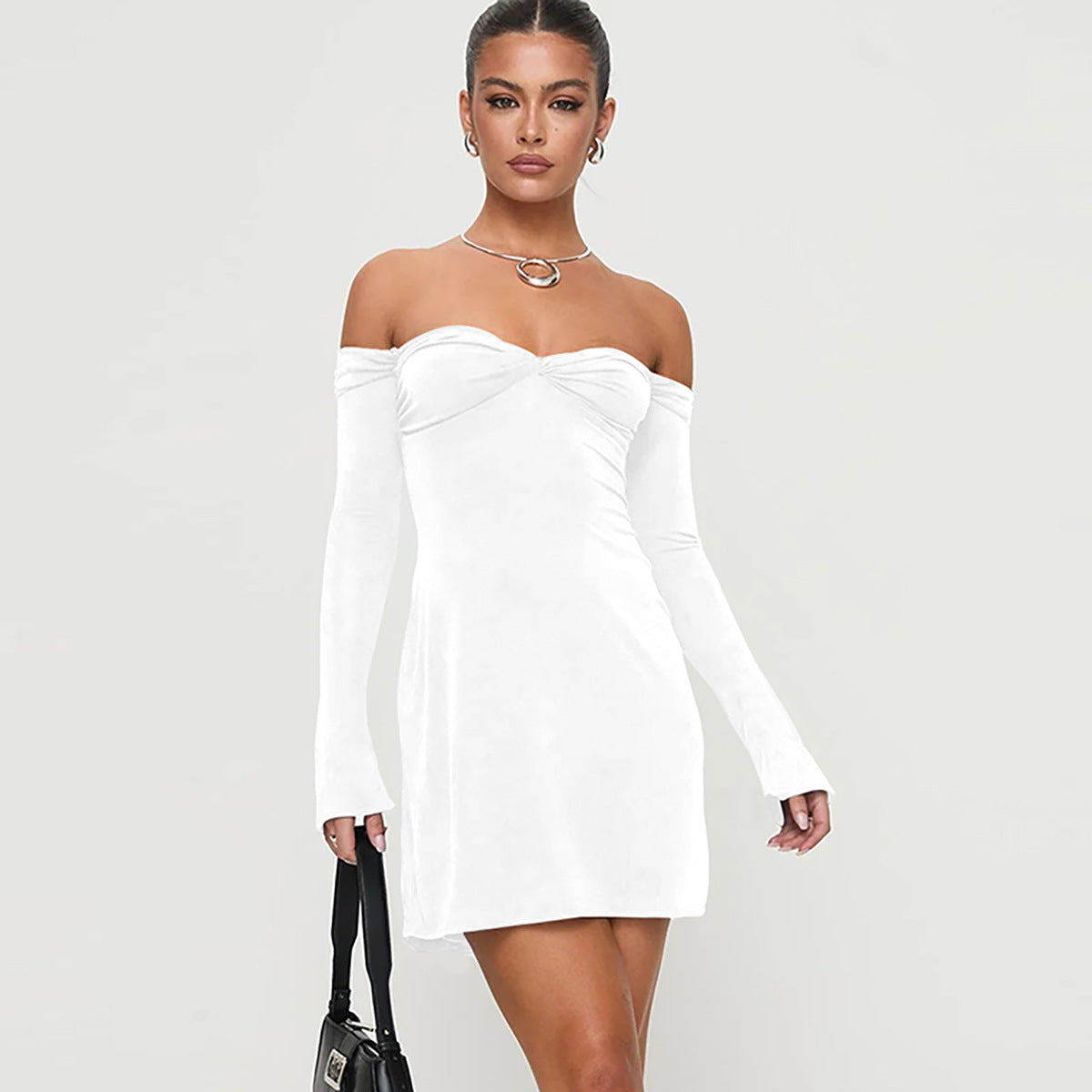 Women's New Spring/summer Solid Color Dress Fashionable One-line Collar Sexy Tube Top Off-shoulder Pleated Slim Hip Skirt