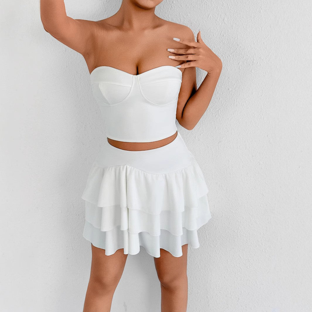 Sexy Strapless Suspenders Fluffy Skirt Two-Piece Set Nightclub Style New Spring And Summer White Tight Irregular Short Skirt