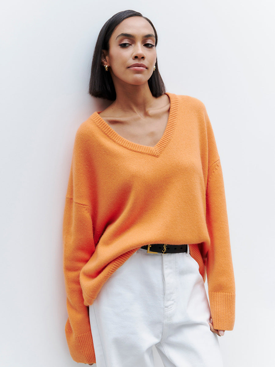 Oversized V-neck Sweater Women's Warm Casual Knitted Pullover Sweat