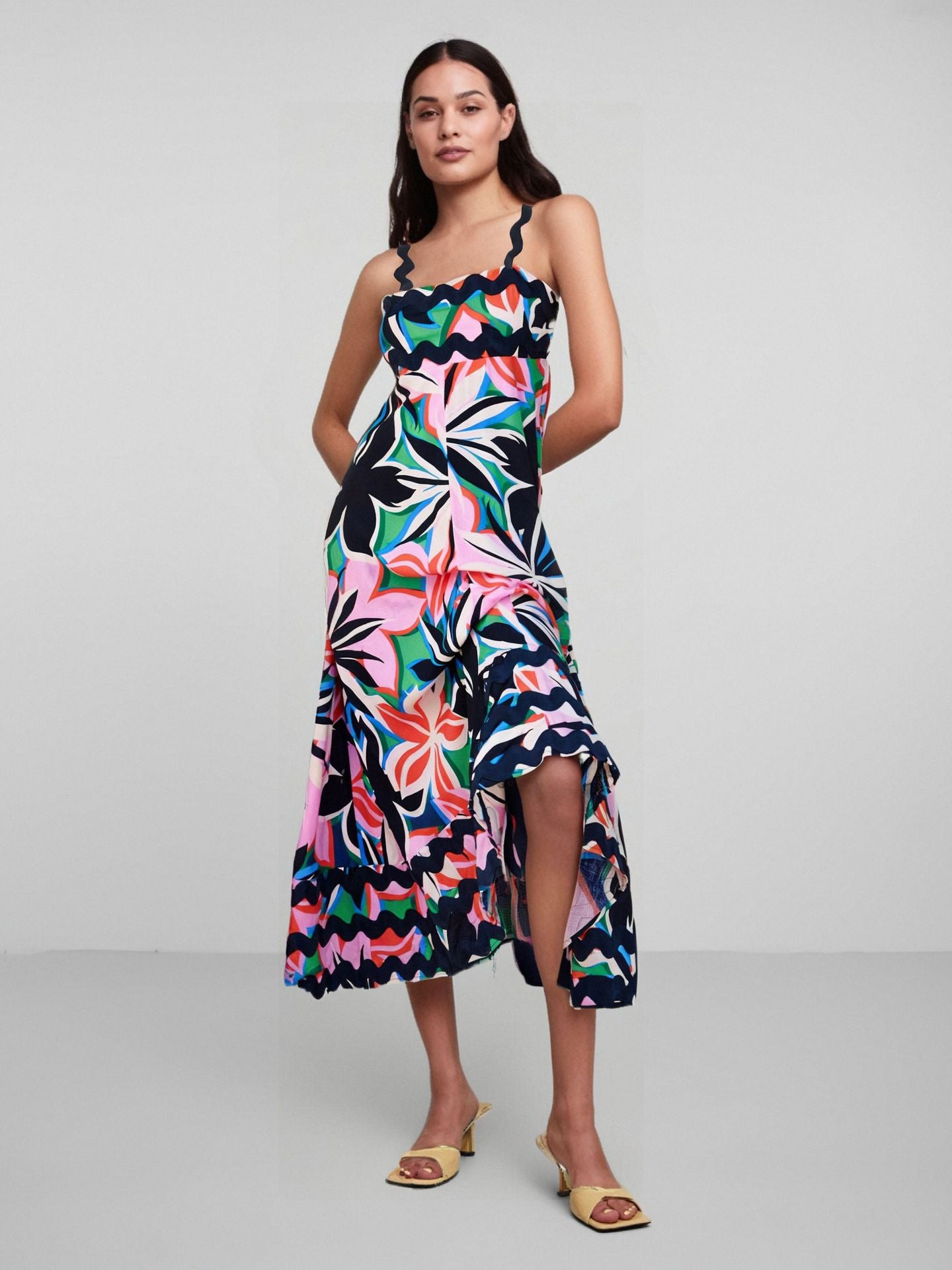 New Sexy Sleeveless Strap Skirt Fashion Plant Flower Printed Long Zipper Casual Loose Dress for Women