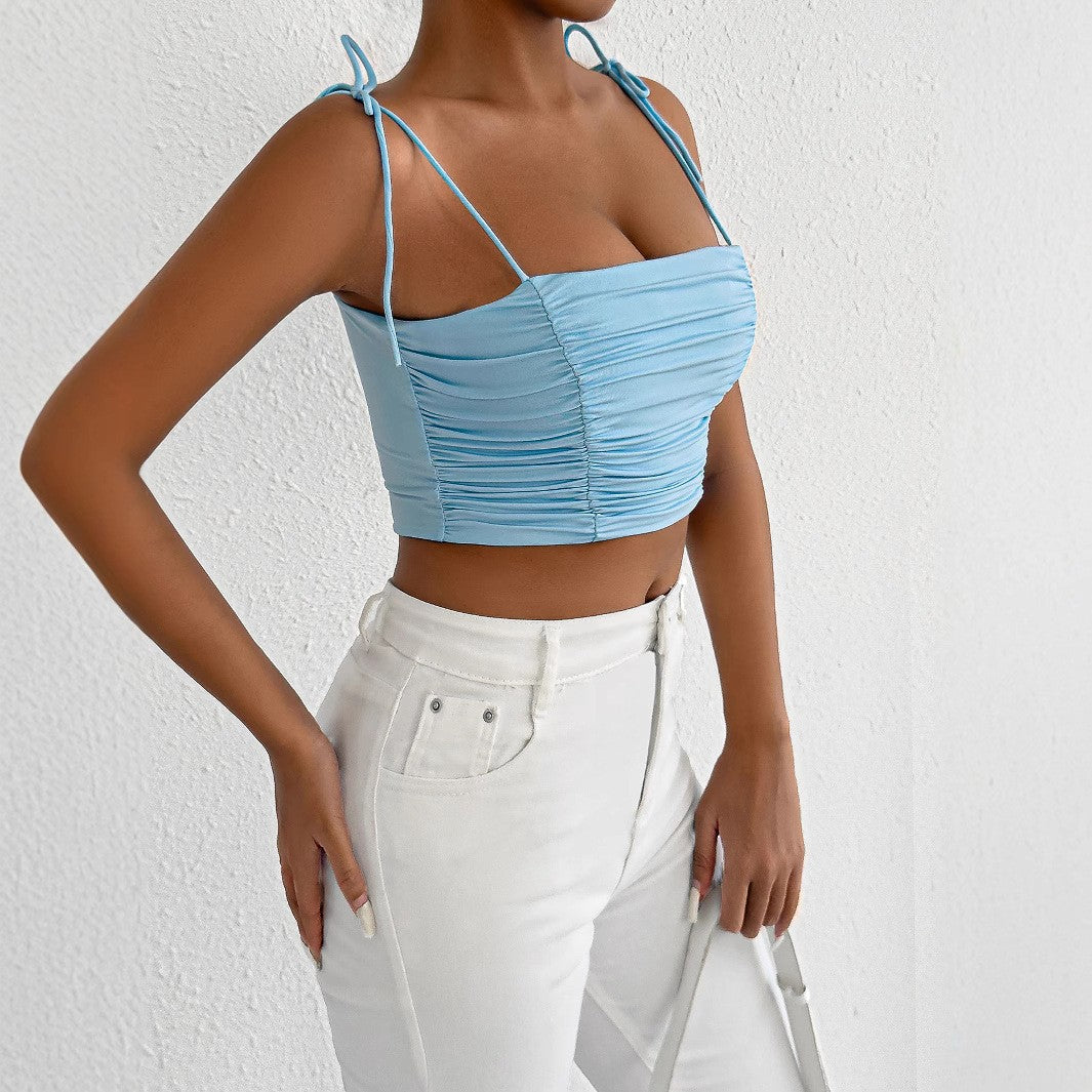 Sexy And Elegant Backless Pleated Slim Fitting Suspender Nightclub Street Summer Design Sense Fashionable Bright Color Short Top