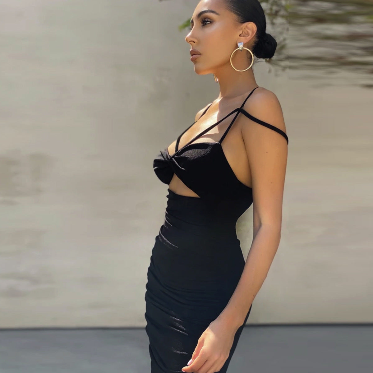 Cross-Border Sexy Hollow V-Neck Bodycon Dress From Europe And America With Ruched Waistline Casual Comfortable Vestido De