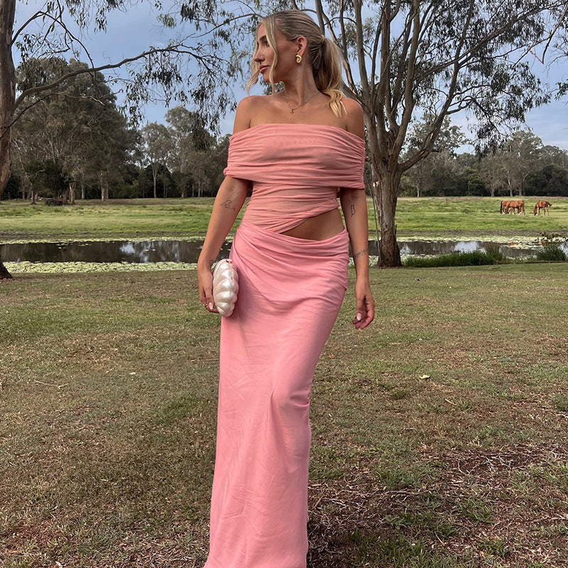 Elegant One Shoulder Hollow Long Dress Women's Sexy See-through Strapless Party Dress Solid Sleeveless Long Dress Robe