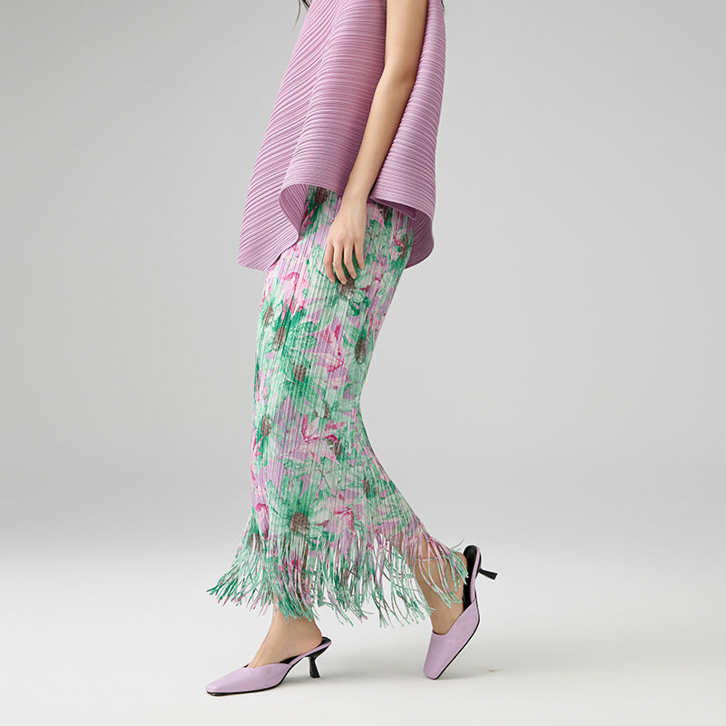 Summer Fashion Temperament Printed Pleated Skirt Mid Length Straight Wrapped Tassel Spliced A-line Skirts