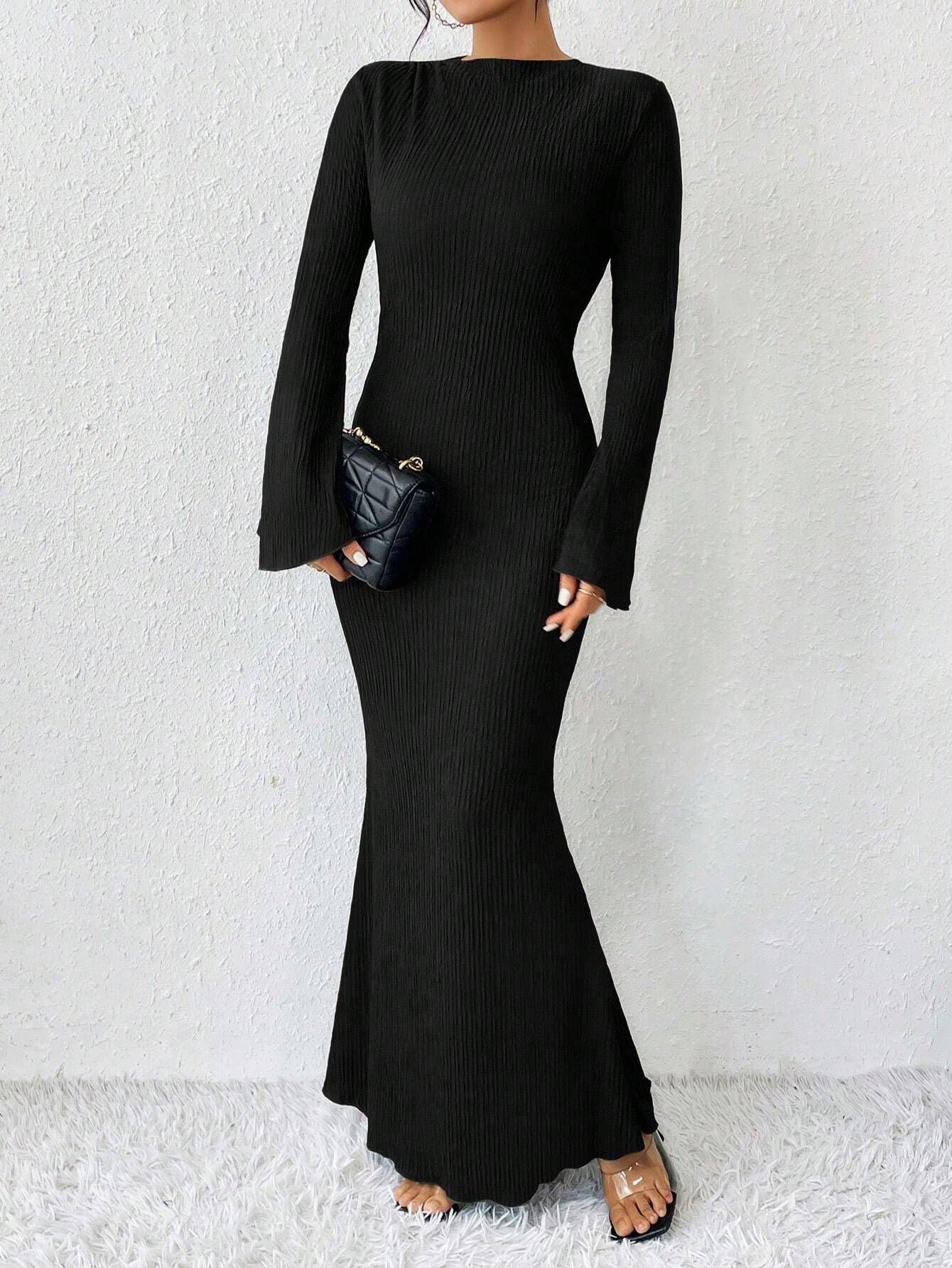 Autumn Winter Backless Sexy Party Club Black Bodycon Maxi Dresses Outfits for Women Long Sleeve Dress Vestido Streetwear New