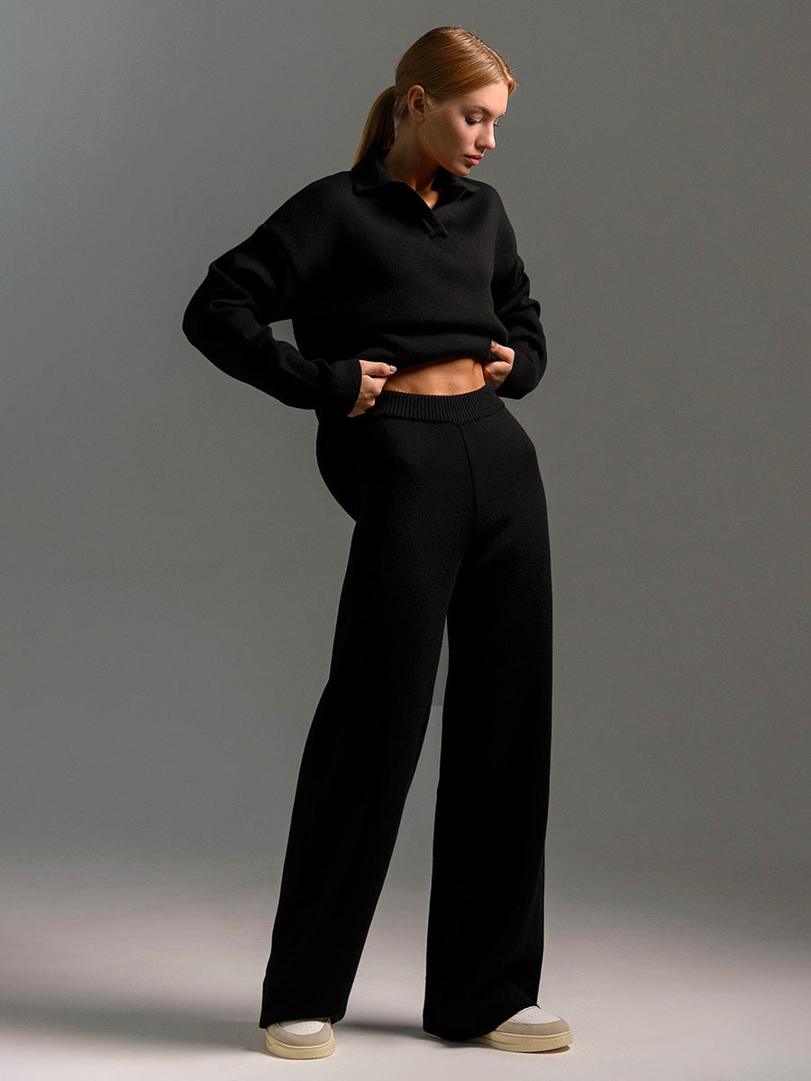 Thick Women Knitted Suits Soft 2 Pieces Sets Female Polo Neck Sweater
