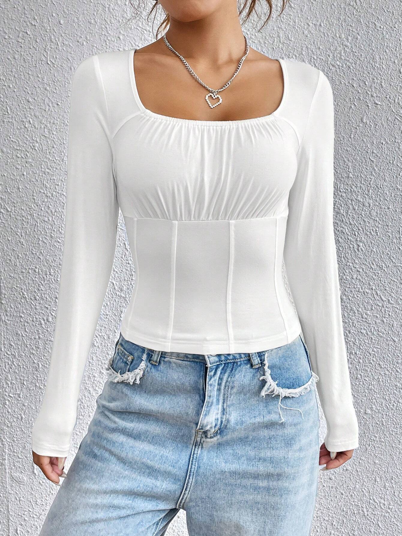 Women New Slim Fit Square Neck Long Sleeve T-Shirt Solid Color Casual Temperament Tunic Top