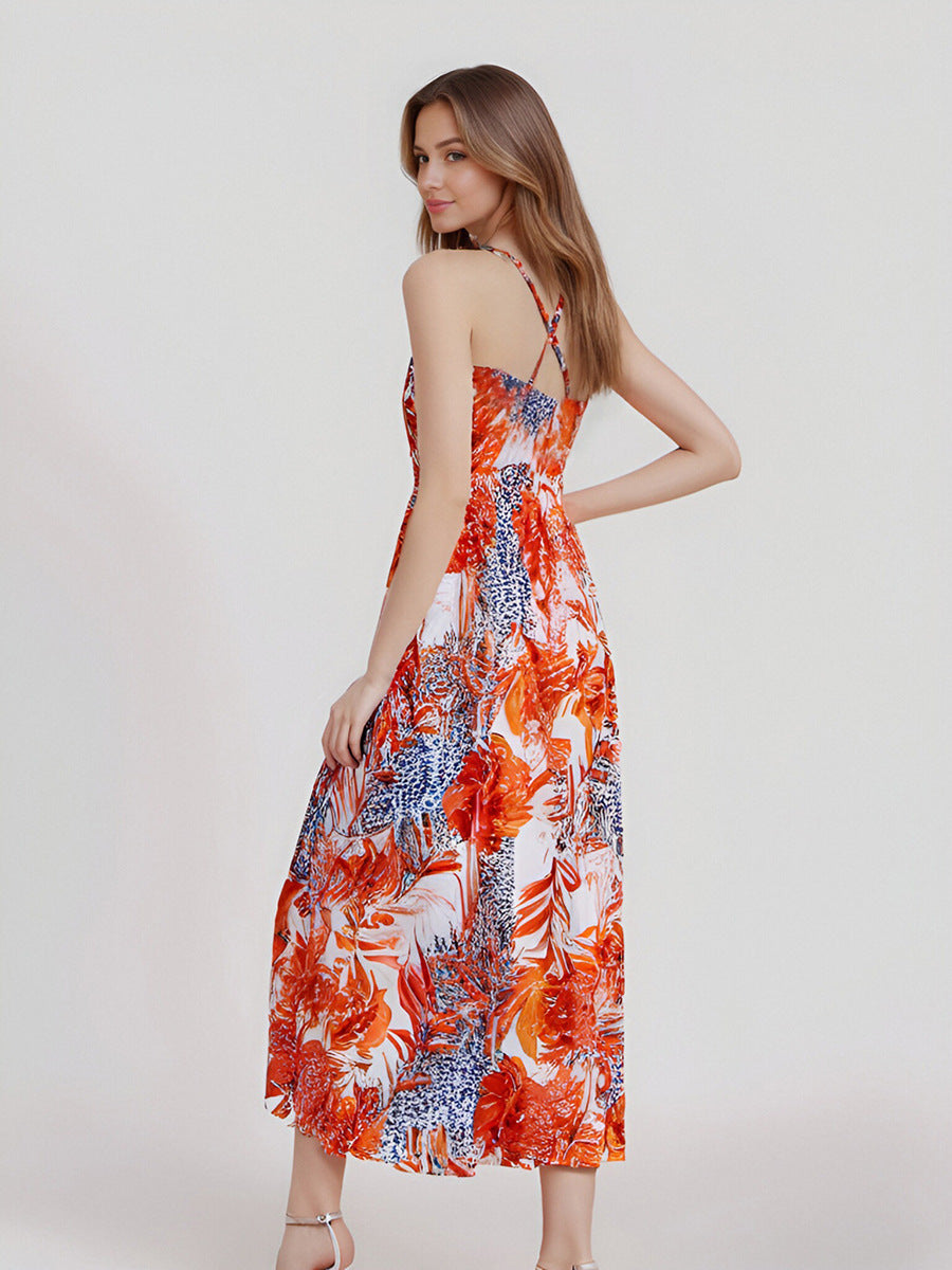 Women's All Season Suitable Halter Backless Dress Women's Superior Design Random Printed V-Neck Split Long Dresses